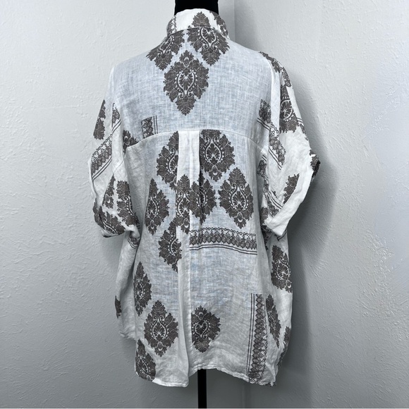 Milio Milano Linen Damask Print Top Women’s Size: Medium  Color: White/Tan - Picture 5 of 8